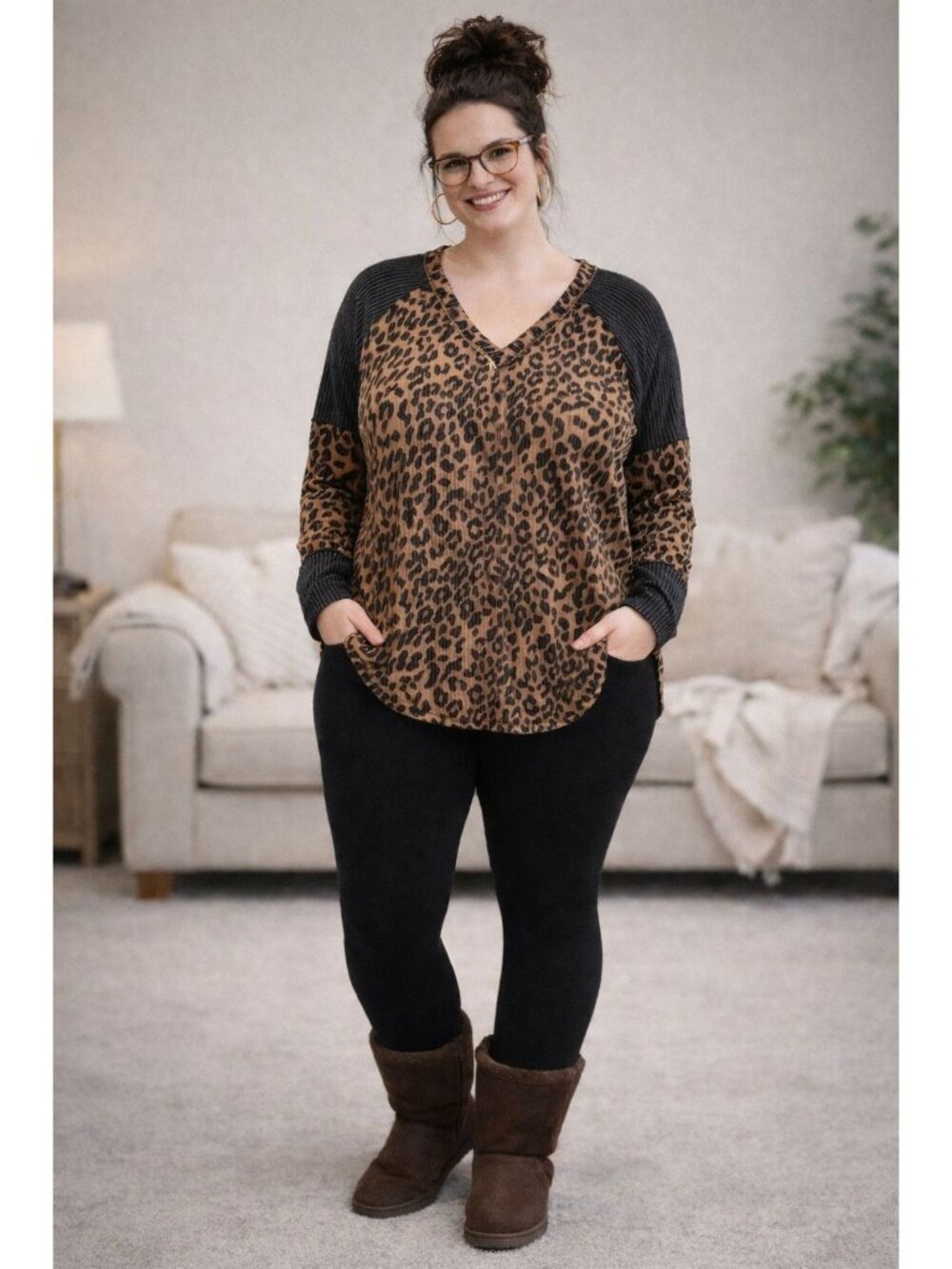 Leopard Print & Ribbed Contrast V-Neck Long Sleeve Top - 3X Plus Size - Heimish